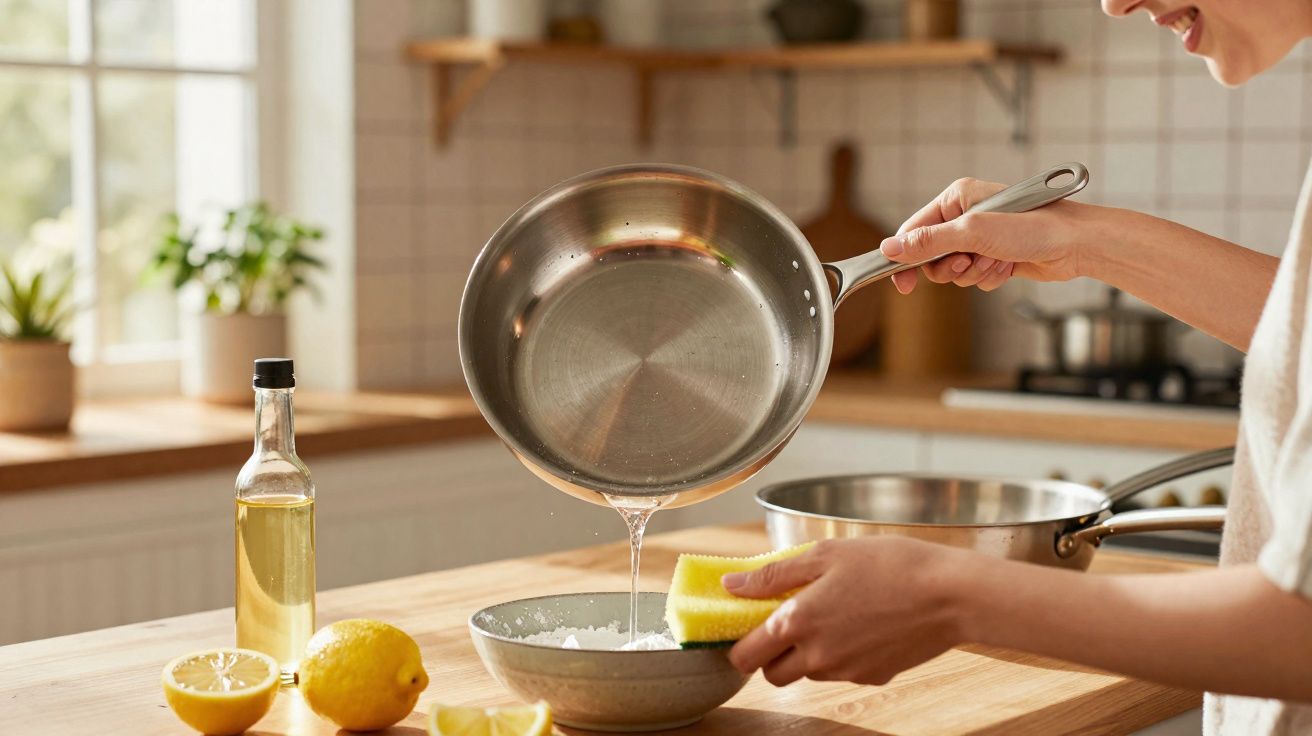 Pessoa despejando líquido de panela em tigela com ingredientes para limpar, ao lado de limões e garrafa de óleo.