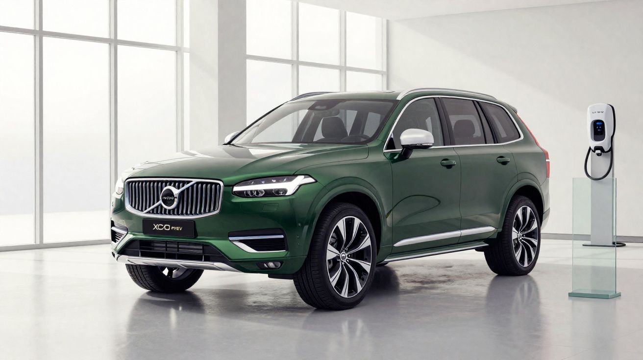 SUV verde Volvo XC90 PHEV estacionado em ambiente interno com carregador elétrico ao lado.
