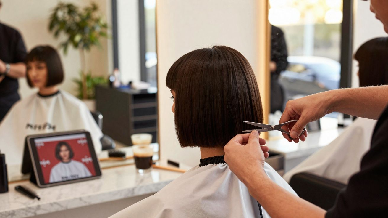 Mulher com cabelo curto sendo cortado por cabeleireiro em salão moderno com espelho e tablet.