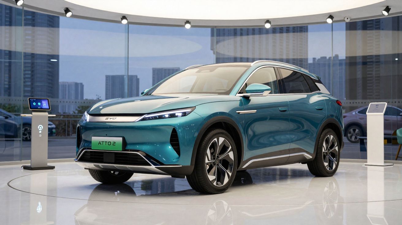 Carro elétrico BYD ATTO 2 azul exibido em showroom moderno com vidros e iluminação de teto.