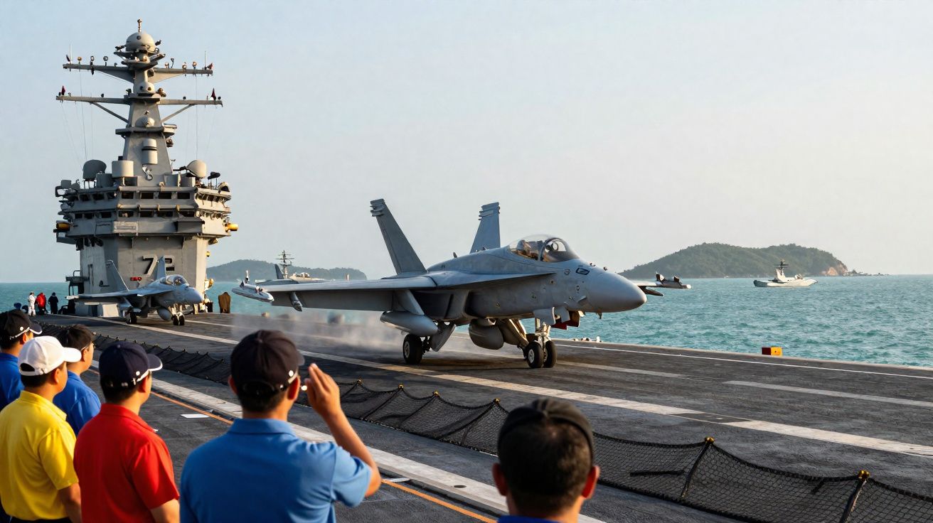Caças militares pousando em porta-aviões com pessoas observando e mar ao fundo em dia claro.