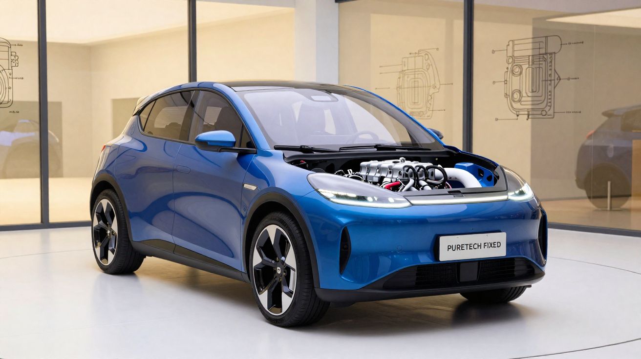 Carro azul moderno com capô transparente mostrando o motor em ambiente interno futurista.