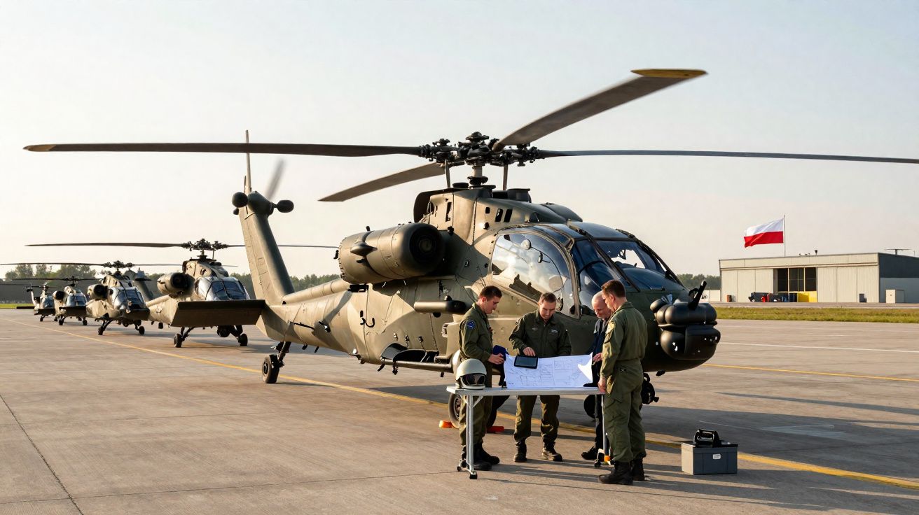 Helicópteros militares alinhados no pátio com três soldados analisando mapas em uma mesa.
