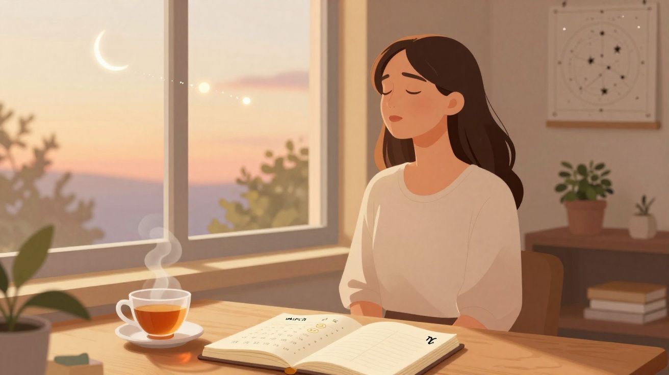 Mulher relaxando com olhos fechados, ao lado de chá e caderno aberto, em ambiente tranquilo ao pôr do sol.