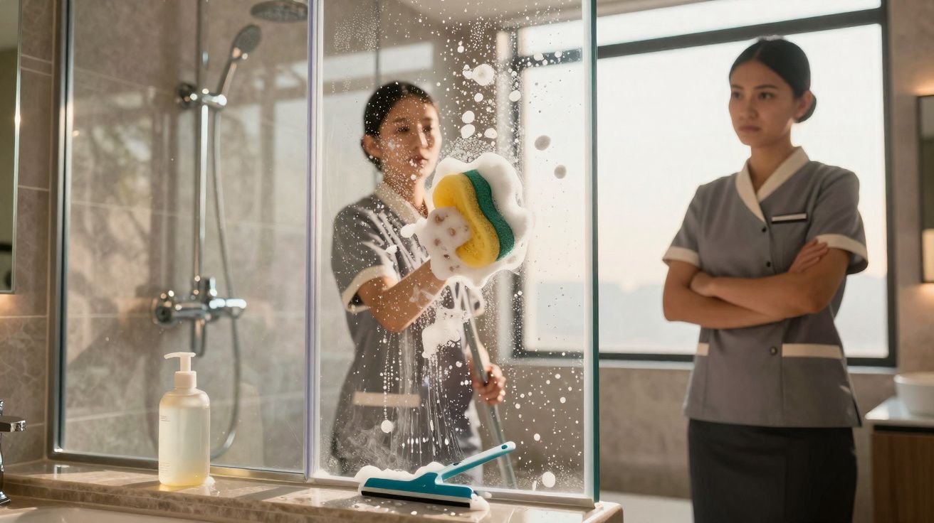 Mulher limpando vidro com esponja enquanto outra observa em banheiro moderno.