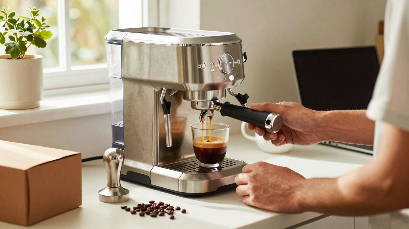 Pessoa preparando café expresso com máquina de café inox em bancada com grãos e tamper ao lado.