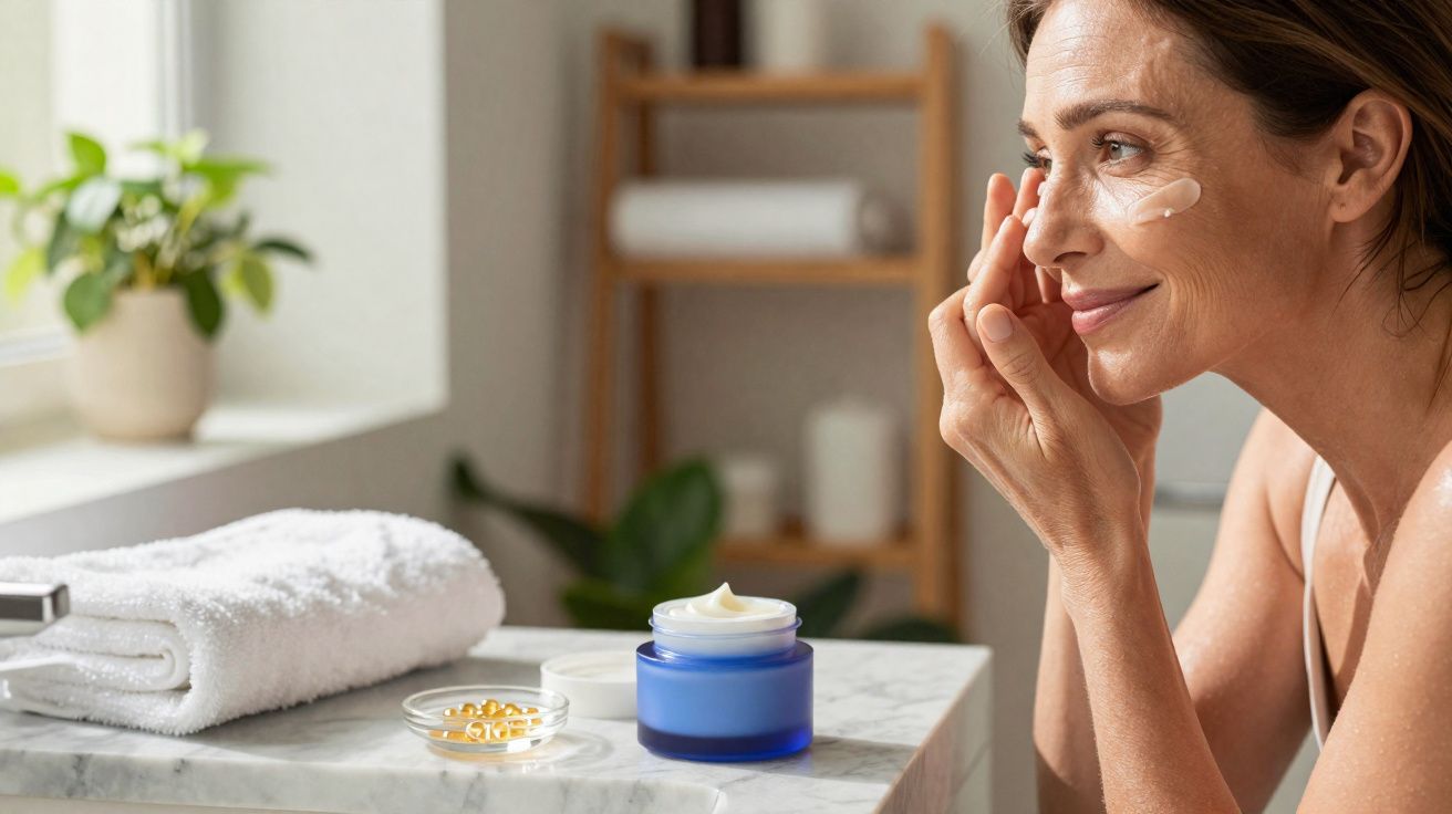 Mulher aplicando creme facial no rosto em banheiro iluminado, com toalha e cápsulas sobre bancada.