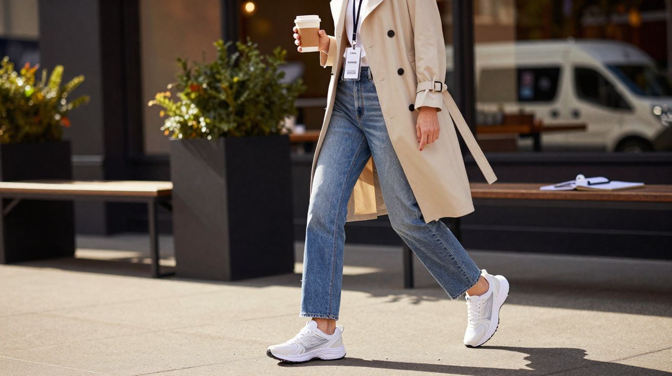Pessoa caminhando com casaco bege, jeans e tênis branco, segurando copo de café em área urbana.