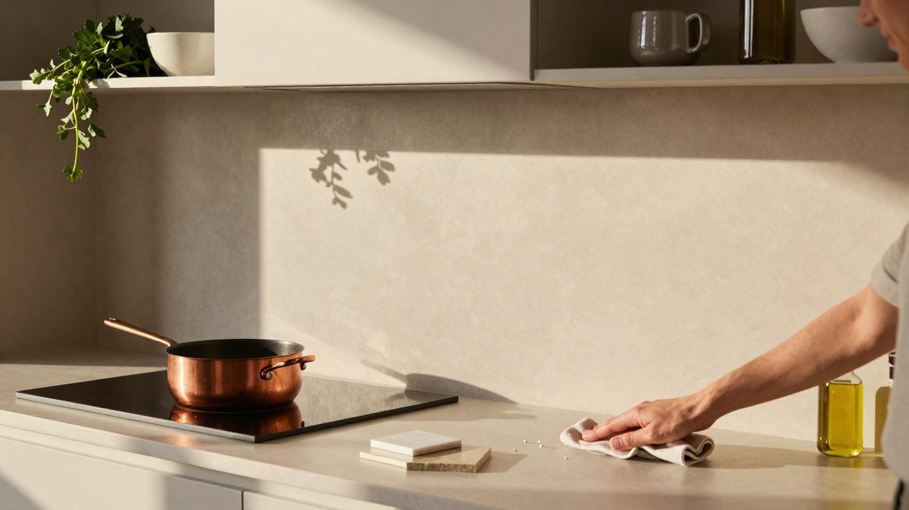 Braço de pessoa limpando bancada clara de cozinha minimalista com panela cobre e prateleira com plantas e utensílios.