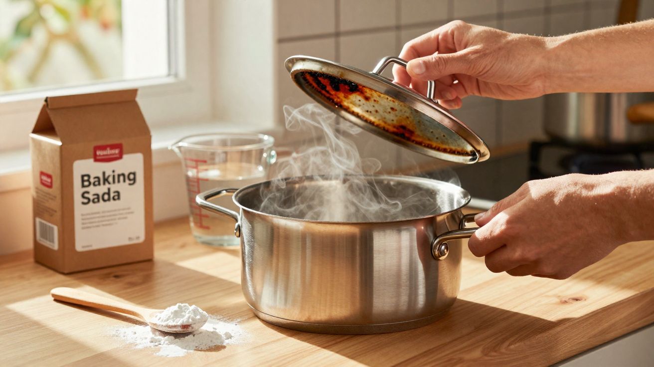 Mãos tirando tampa de panela de aço inox com vapor saindo, ao lado estão bicarbonato em colher e caixa.