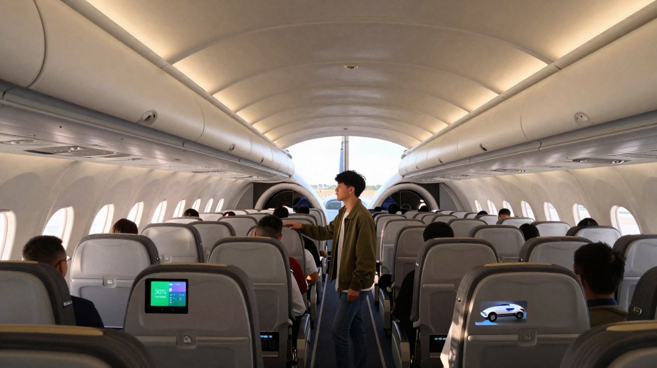 Interior de avião com passageiros sentados e um jovem em pé no corredor entre as poltronas.