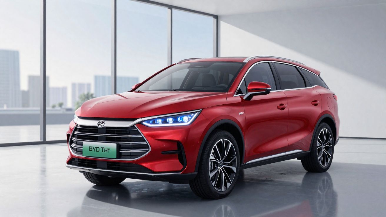 Carro SUV elétrico vermelho BYD Tang em showroom moderno com janelas amplas e luz natural.