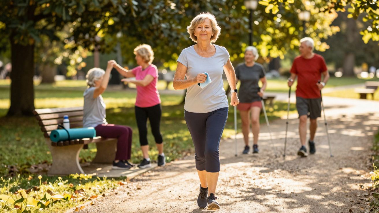 Grupo de idosos praticando caminhada e exercícios em parque ensolarado.