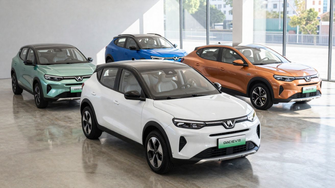 Quatro carros elétricos Wuling Dacia V1 em diferentes cores em salão com piso branco e luz natural.
