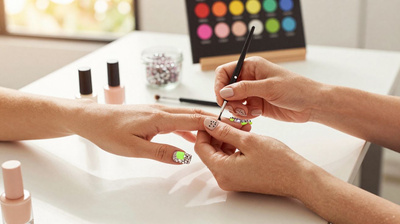 Pessoa fazendo decoração detalhada de unhas com pincel em salão de beleza.