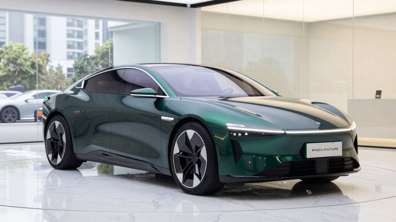 Carro elétrico esportivo verde metálico com design futurista exibido em ambiente interno iluminado.
