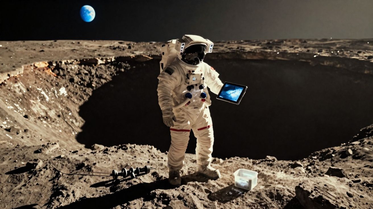 Astronauta em espaçonave segurando tablet na superfície lunar perto de cratera, com Terra ao fundo.