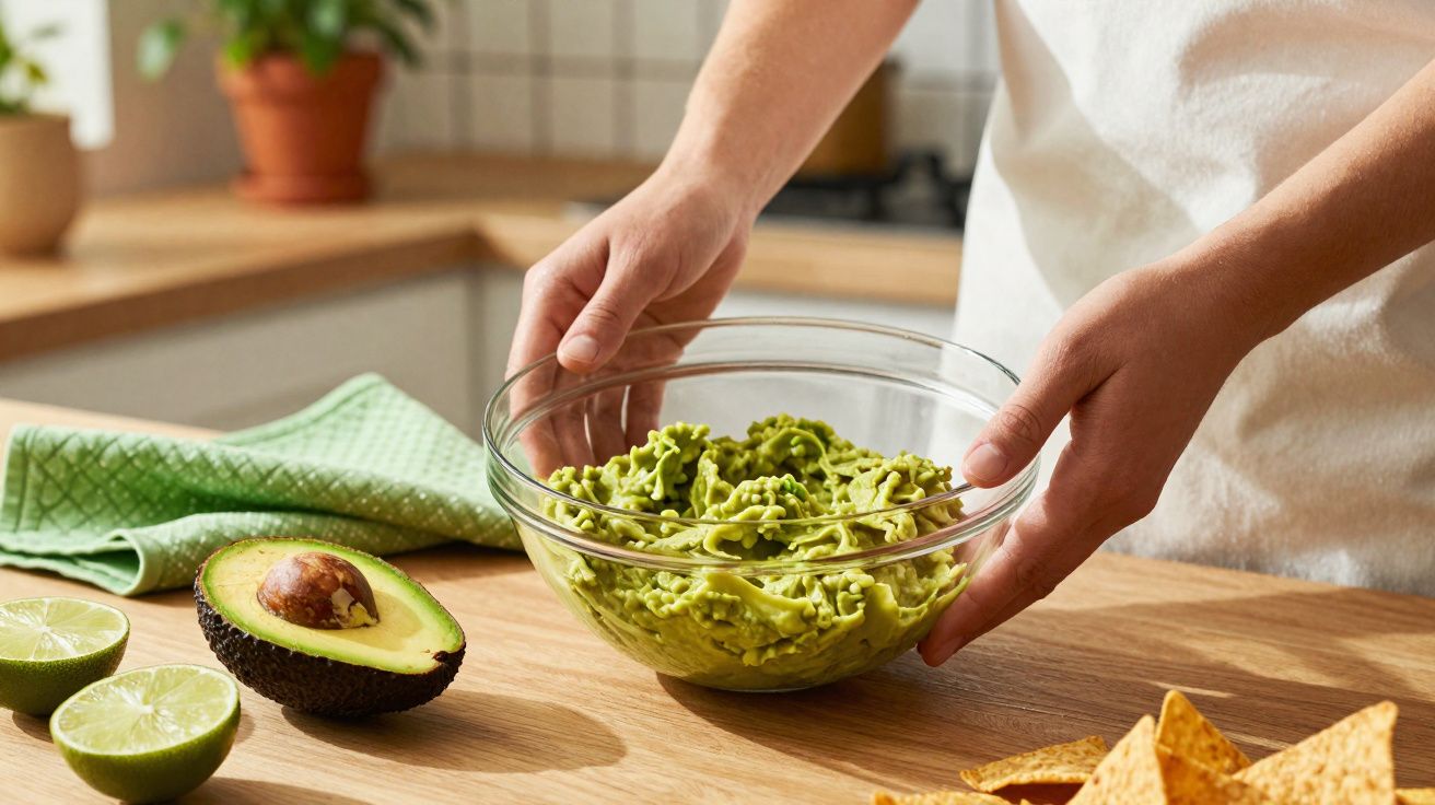 Pessoa segurando tigela de vidro com guacamole na cozinha ao lado de abacate e limão cortados.