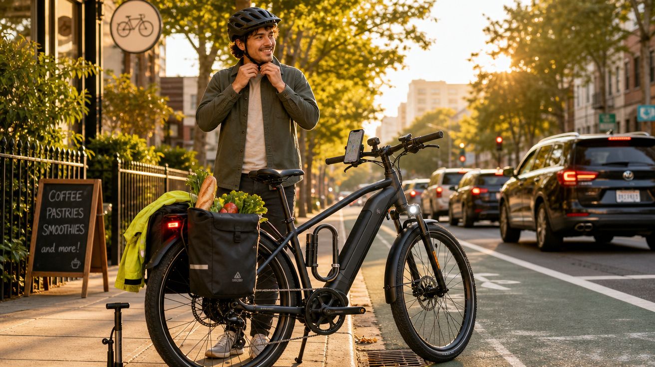 Homem com capacete ajustando a roupa ao lado de bicicleta elétrica carregada com mantimentos na cidade ao pôr do sol.