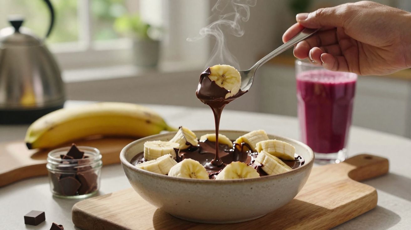 Tigela com mingau, banana fatiada e calda quente de chocolate sendo servida com colher.