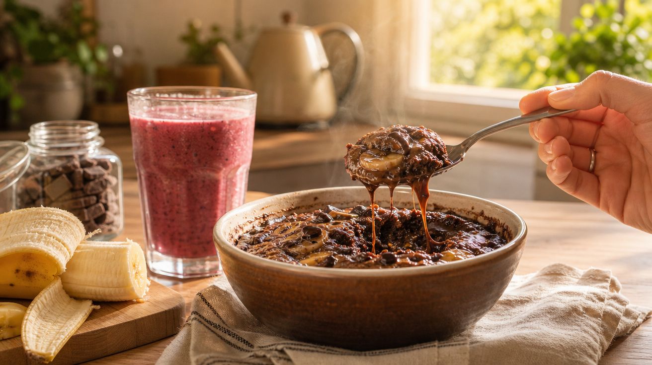 Tigela de mingau de chocolate com banana, smoothie vermelho, bananas descascadas e pedaços de chocolate na mesa.