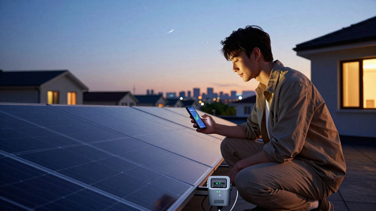 Homem verifica painel solar com celular ao amanhecer em telhado residencial.