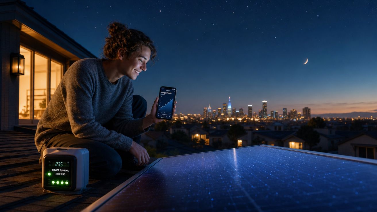 Jovem observando gráfico de energia no celular ao lado de painel solar à noite com cidade ao fundo.