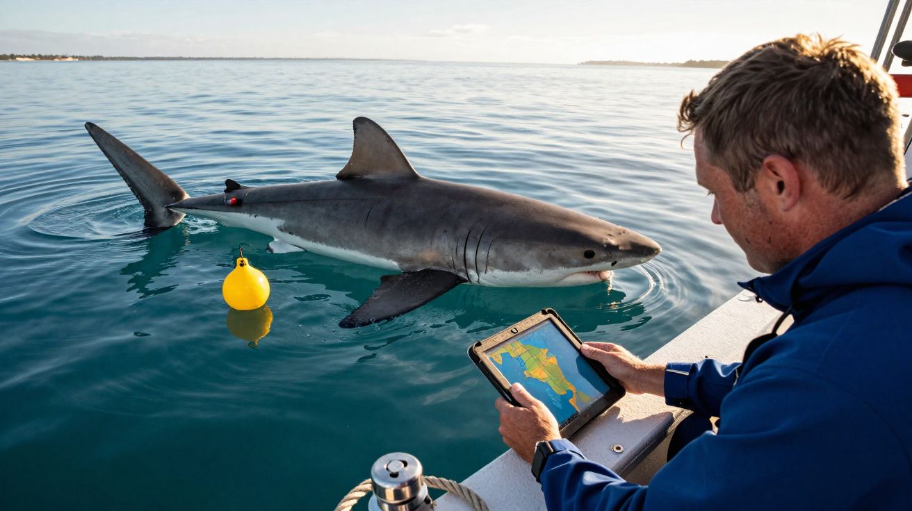 Homem em barco com tablet monitora tubarão marcado próximo a bóia amarela em mar calmo.