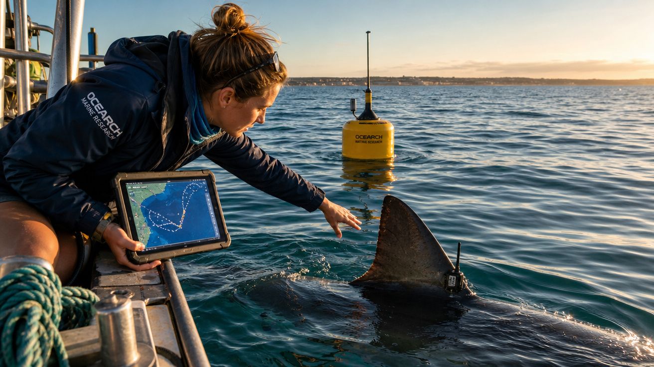 Pesquisadora toca nadadeira de tubarão marcado, segurando tablet com dados sobre o animal, no mar ao pôr do sol.