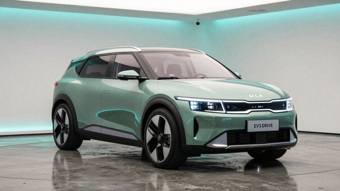 Carro elétrico SUV Kia EV3 Drive verde em ambiente interno com iluminação azul suave.