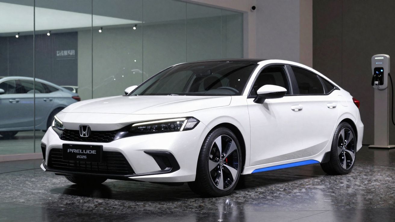 Carro branco Honda Prelude 2023 em exposição, com design moderno e rodas esportivas pretas e prateadas.