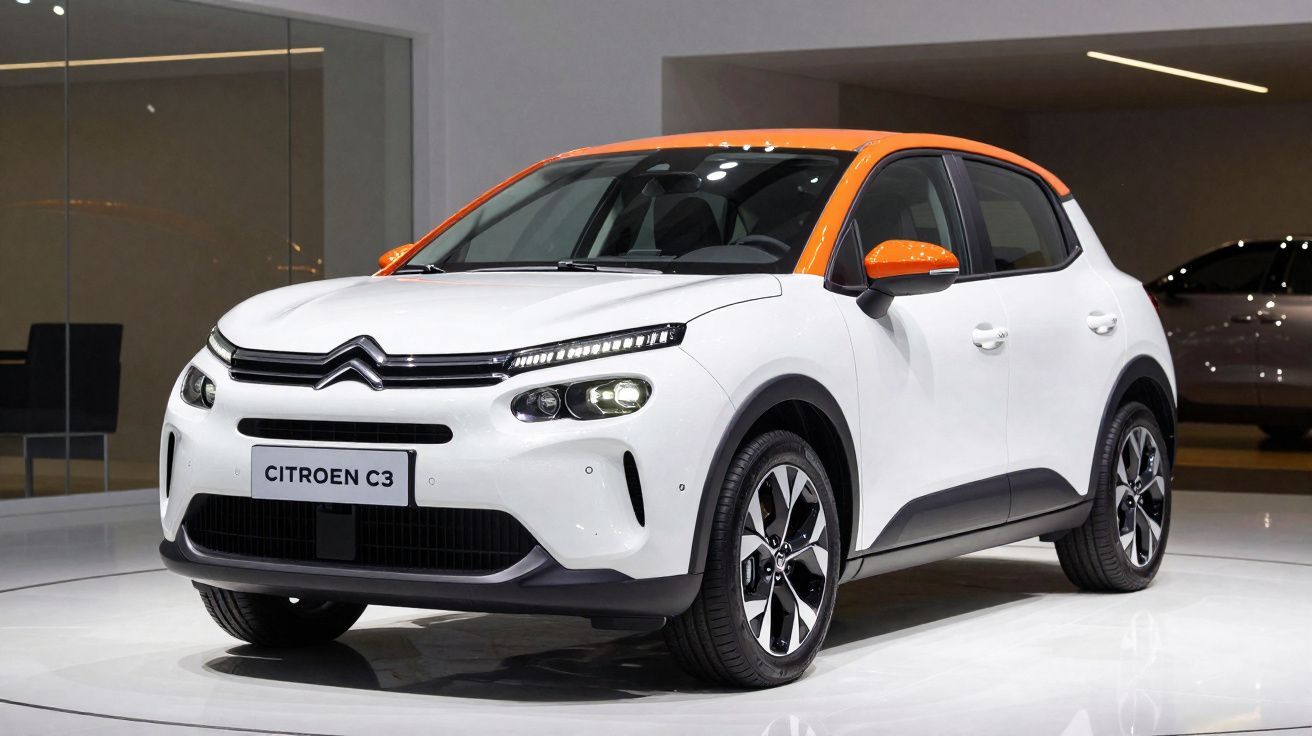 Carro Citroën C3 branco com teto e retrovisores laranja, exibido em ambiente interno moderno.