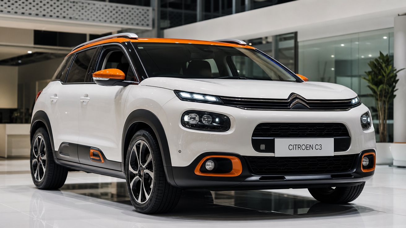 Carro Citroën C3 branco com detalhes em laranja em exposição interna com piso branco brilhante.