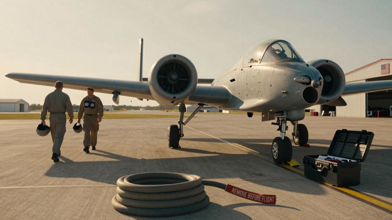 Avião militar estacionado em pista com dois pilotos caminhando e equipamento ao lado em céu claro.