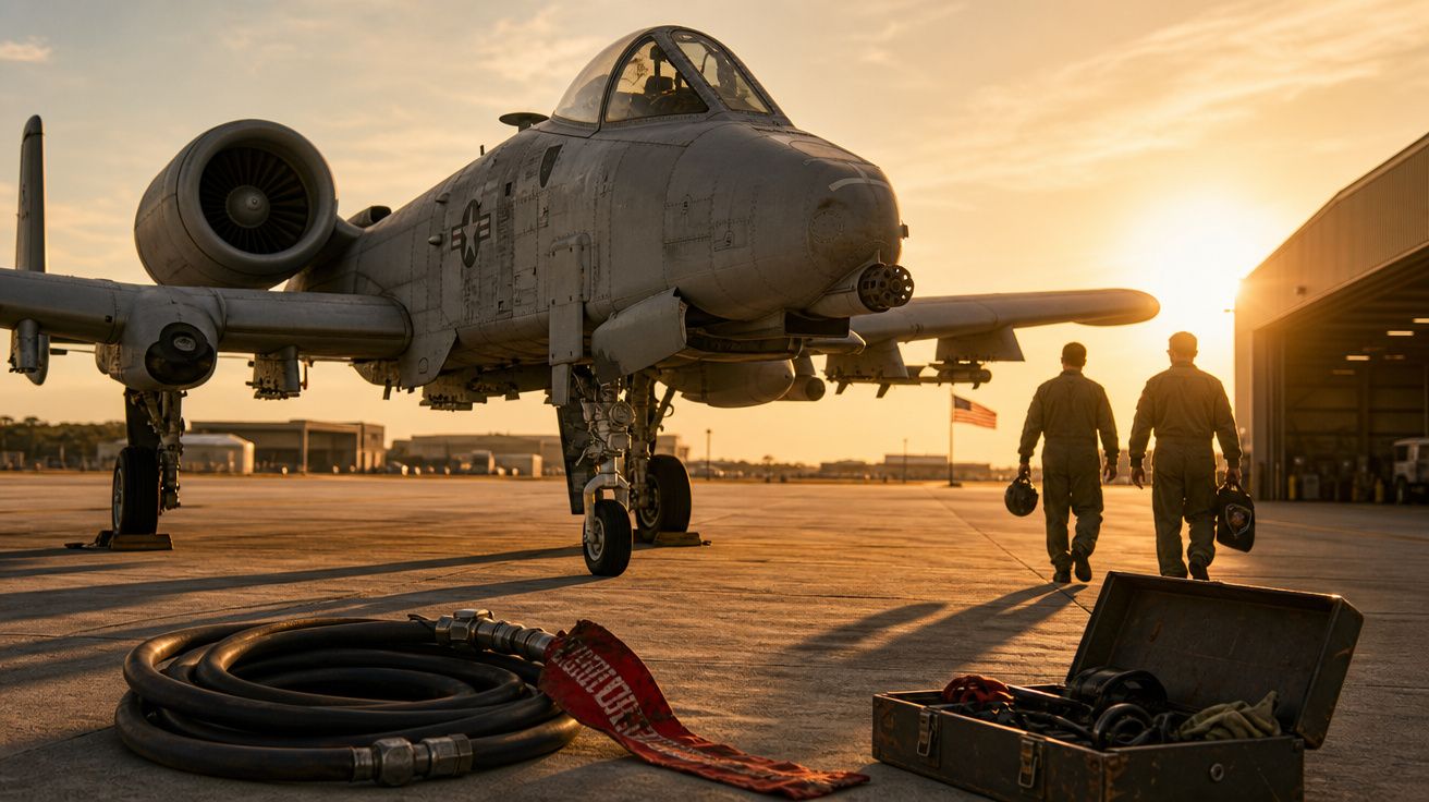 Avião militar A-10 estacionado no hangar ao pôr do sol com dois pilotos caminhando ao fundo.