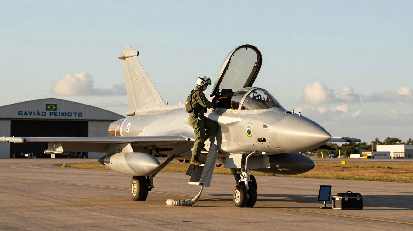 Piloto militar subindo na escada para entrar em caça Gripen na base aérea de Gavião Peixoto.