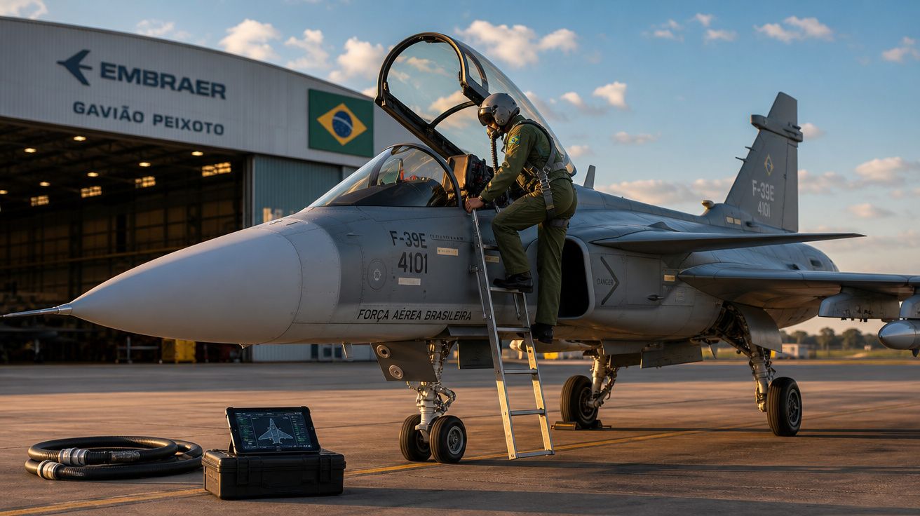 Piloto da Força Aérea Brasileira sobe em caça F-39E da Embraer no aeroporto Gavião Peixoto ao pôr do sol.