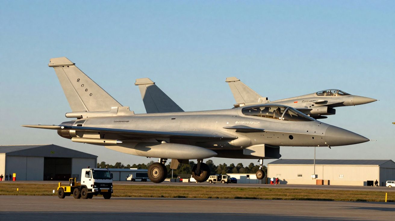 Dois caças militares F-16 cinza prateados voando baixos sobre pista de aeroporto ao entardecer.