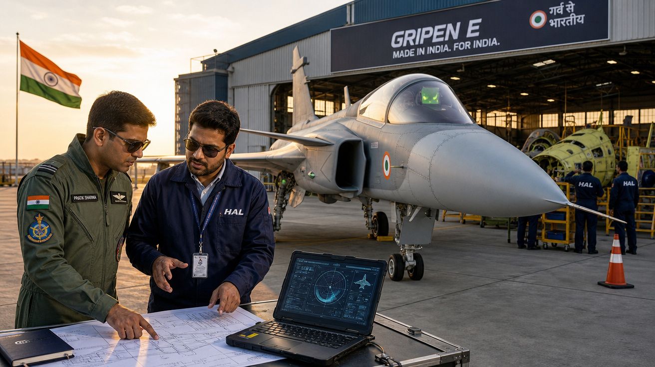 Dois homens discutem planos ao lado de um caça Gripen E estacionado em hangar na Índia.