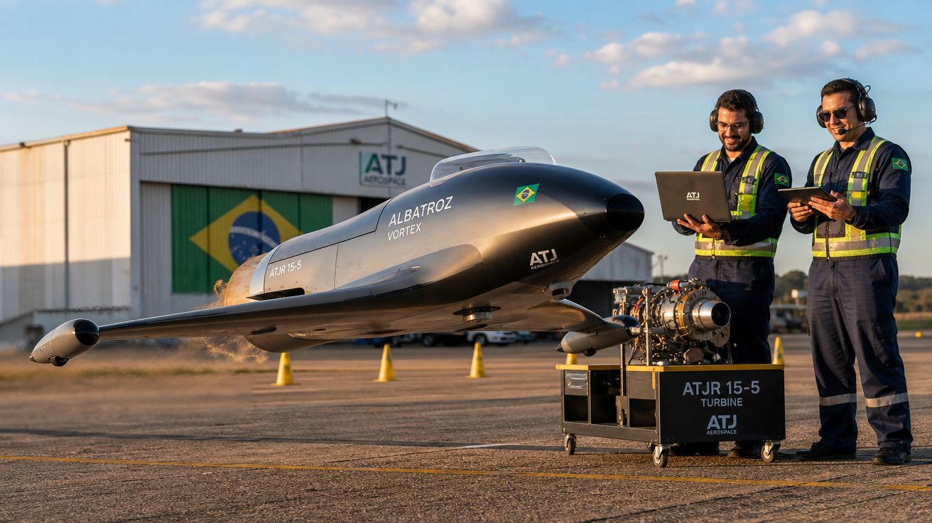 Aeronave Albatroz Vortex com dois técnicos brasileiros realizando testes em aeroporto ao pôr do sol.