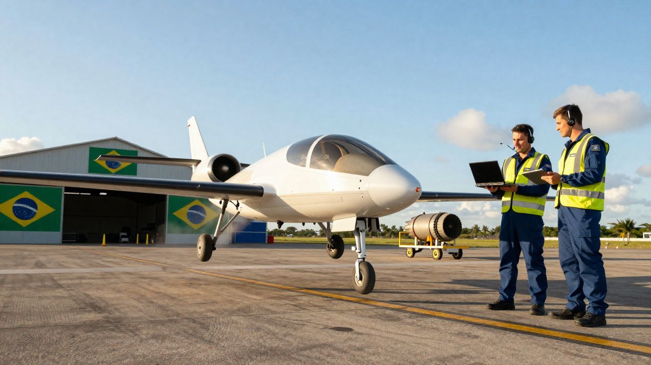 Dois técnicos em uniforme verificam dados ao lado de aeronave branca em pista próxima a hangar com bandeiras do Brasil.