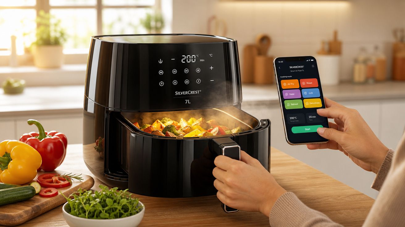 Pessoa usando fritadeira elétrica SilverCrest 7L na cozinha, controlando pelo celular enquanto cozinham legumes.