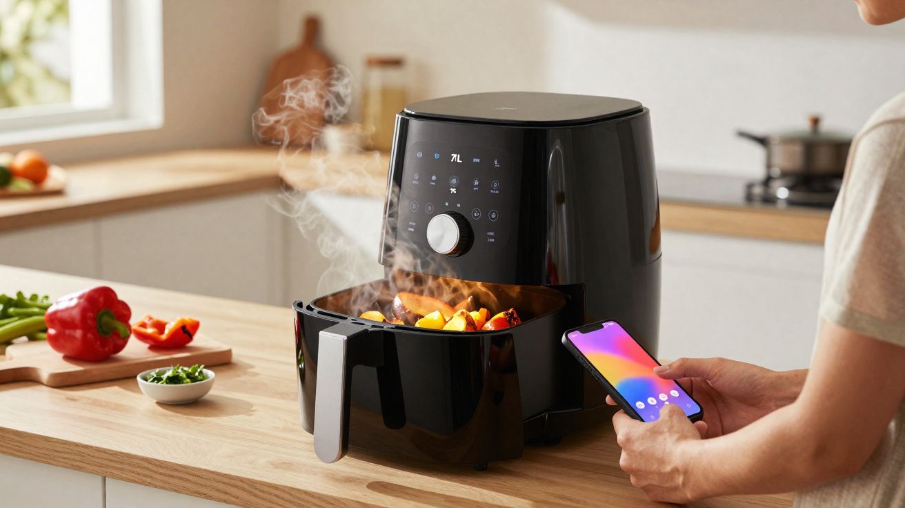 Pessoa usando smartphone ao lado de air fryer preta com legumes assando em cozinha moderna.