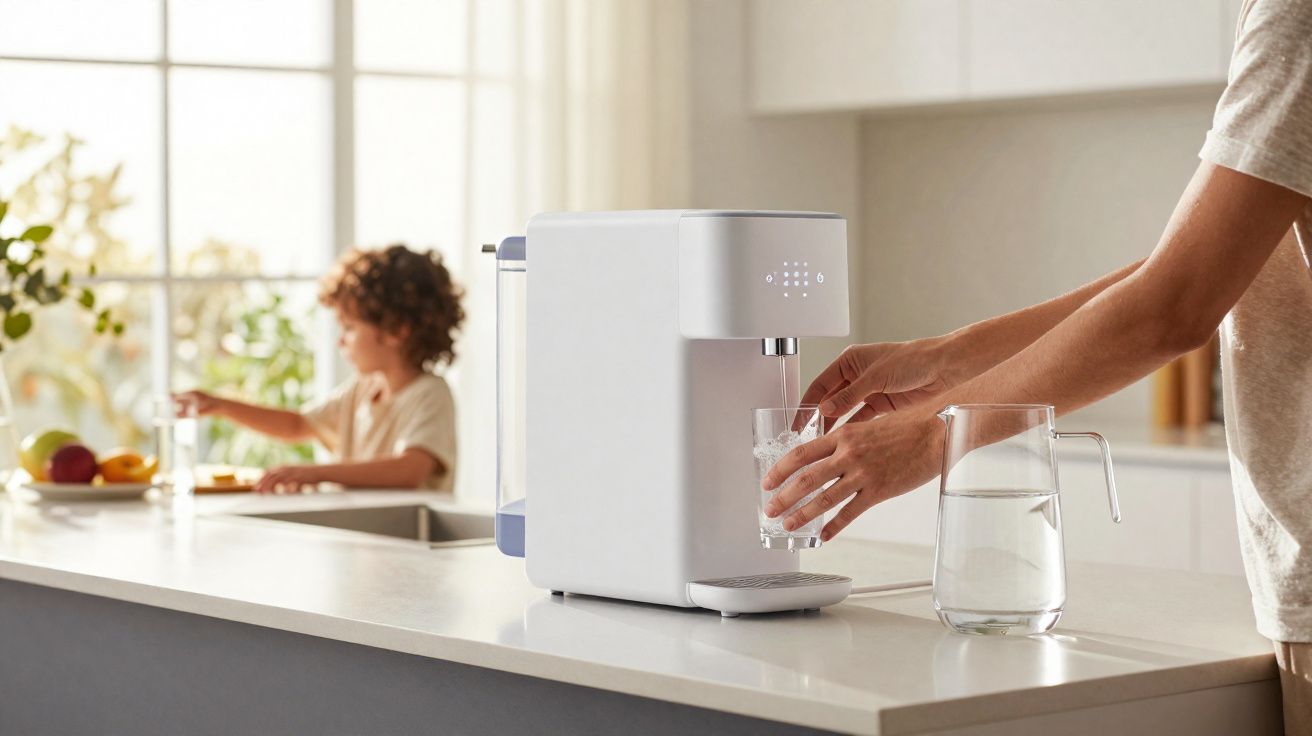 Pessoa enche copo de água em filtro moderno em cozinha clara com criança ao fundo.