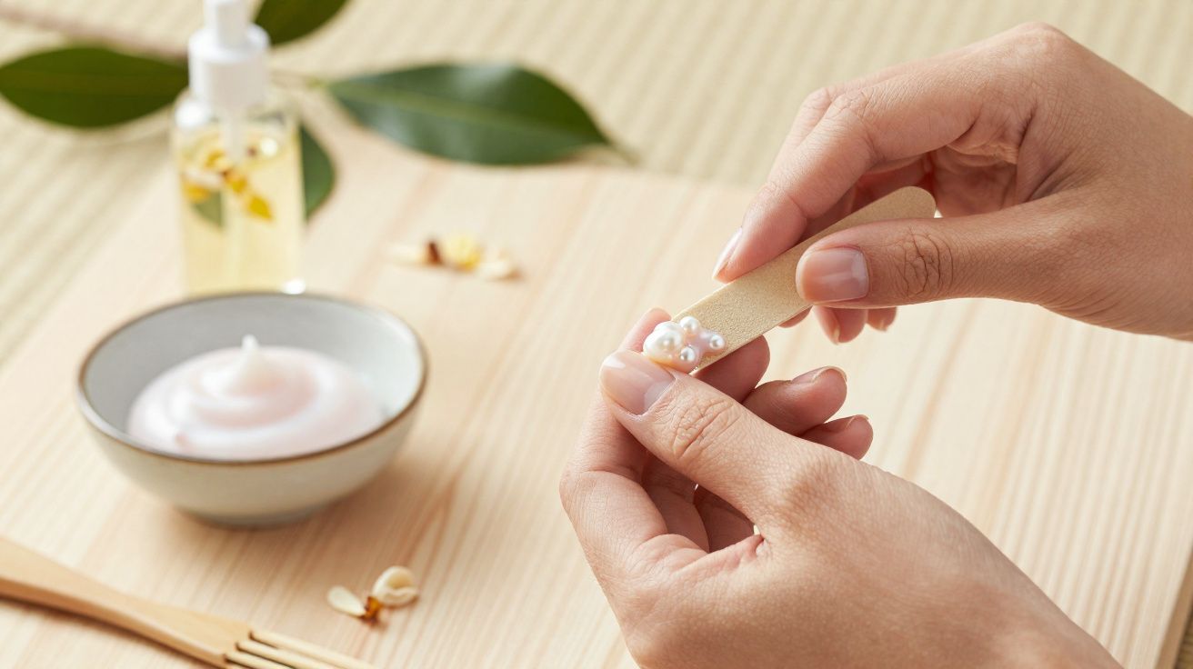 Mãos femininas aplicando creme de manicure em unha, com creme e óleo ao fundo sobre mesa de madeira clara.