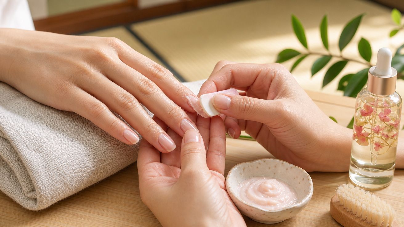 Pessoa cuidando das unhas de outra com algodão, creme e óleo de flores sobre mesa de madeira.