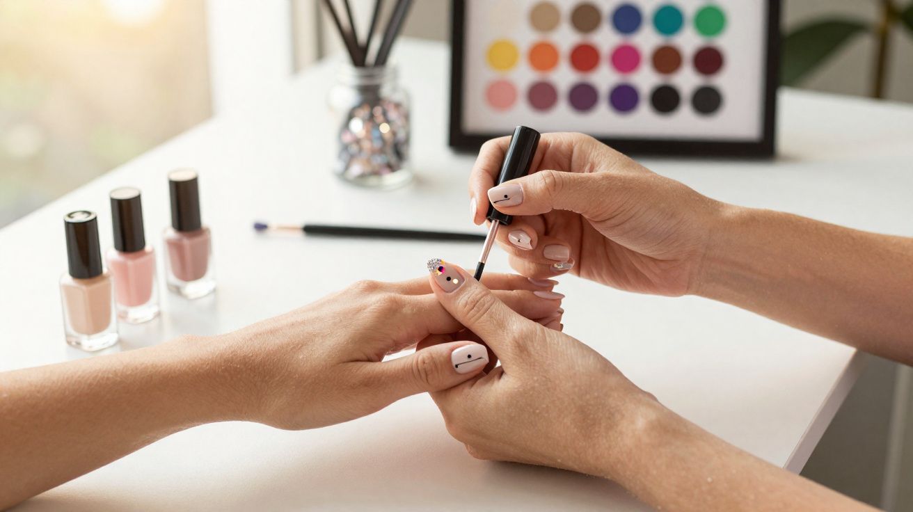 Pessoa pintando unhas com esmalte nude e desenhos coloridos, com esmaltes e paleta de cores ao fundo.