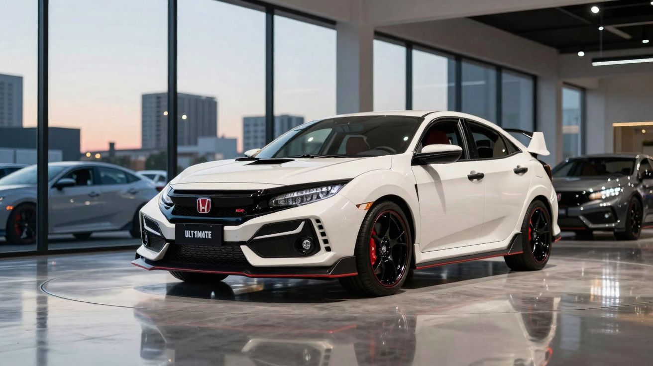 Carro esportivo branco Honda Civic Type R em showroom com piso refletivo e grandes janelas ao fundo.