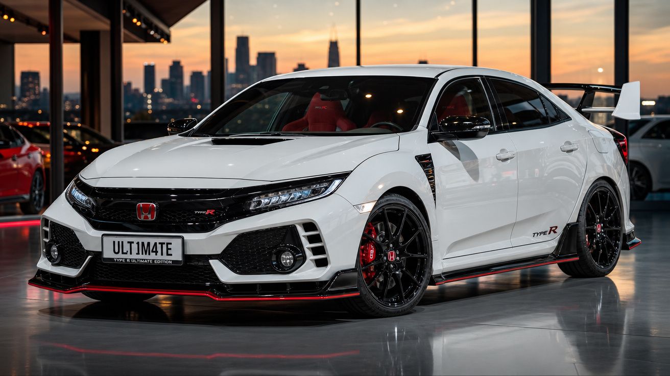 Carro esportivo branco Honda Civic Type R com detalhes pretos e aerofólio, em showroom moderno ao entardecer.