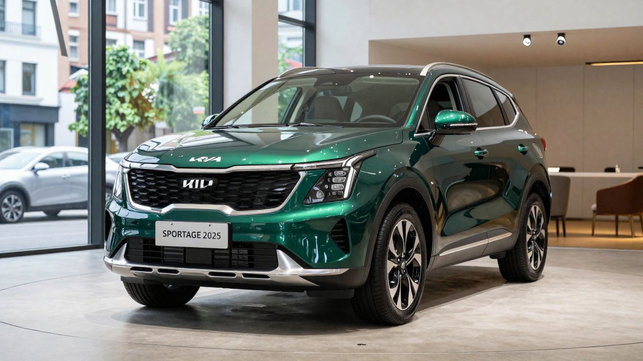Carro SUV Kia Sportage 2025 verde exposto em showroom moderno com grandes janelas.